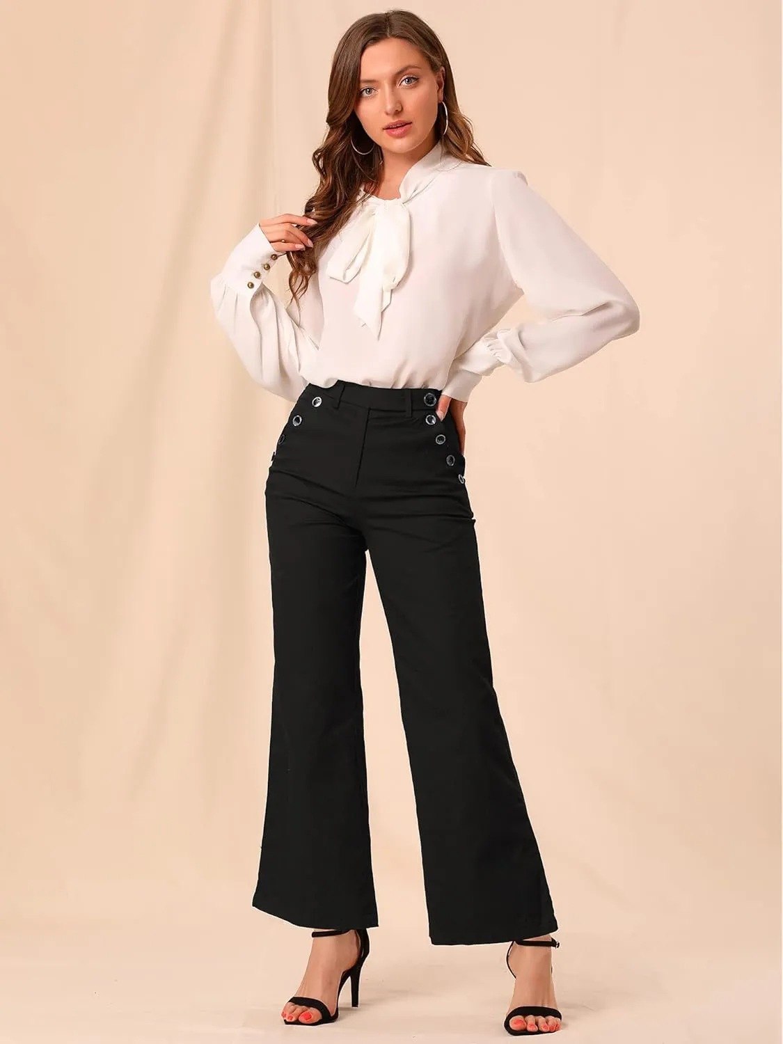 Allegra K Women's Bell Bottom 70s Long Pants High Waist Elegant Work Trousers