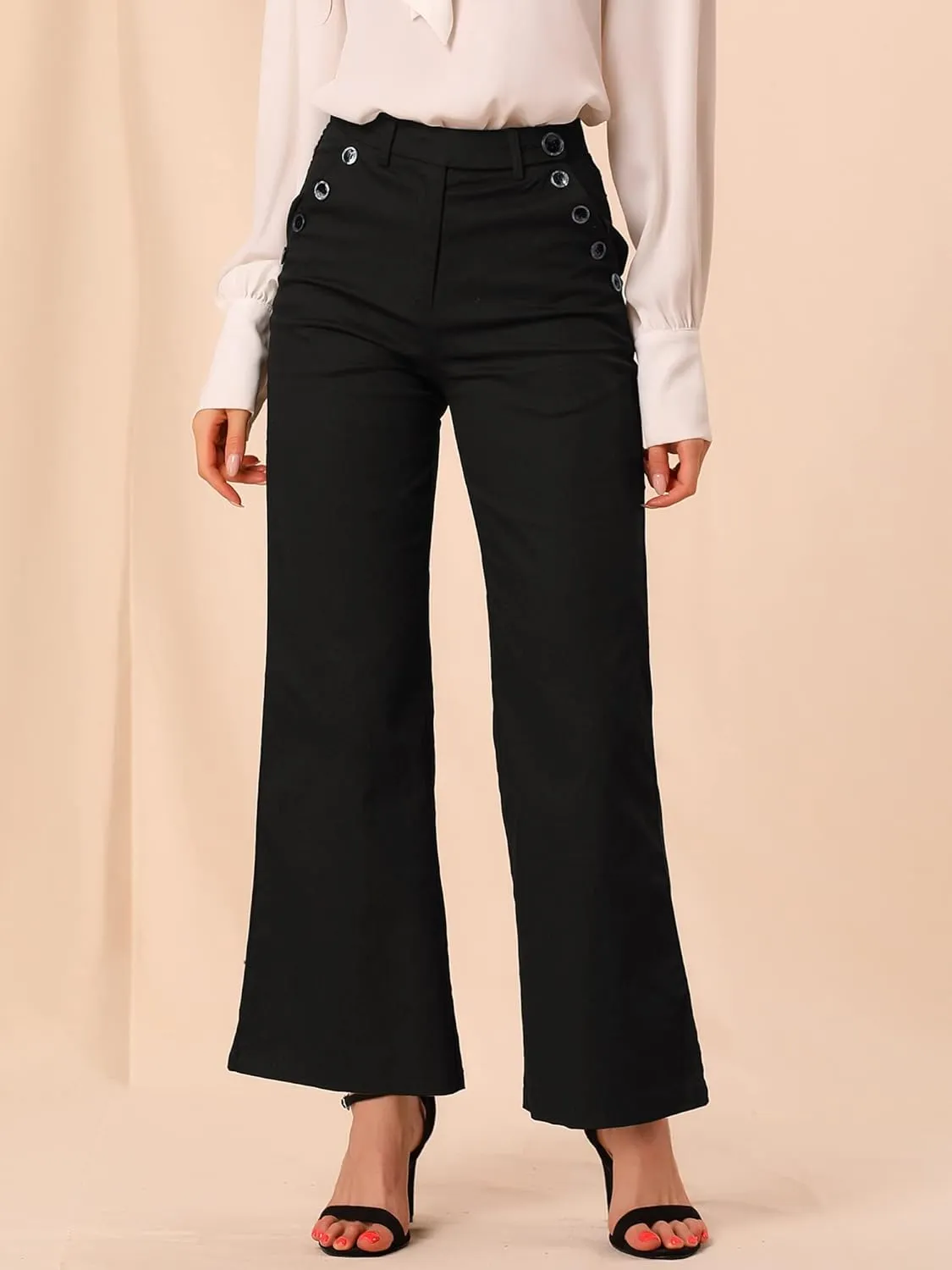 Allegra K Women's Bell Bottom 70s Long Pants High Waist Elegant Work Trousers