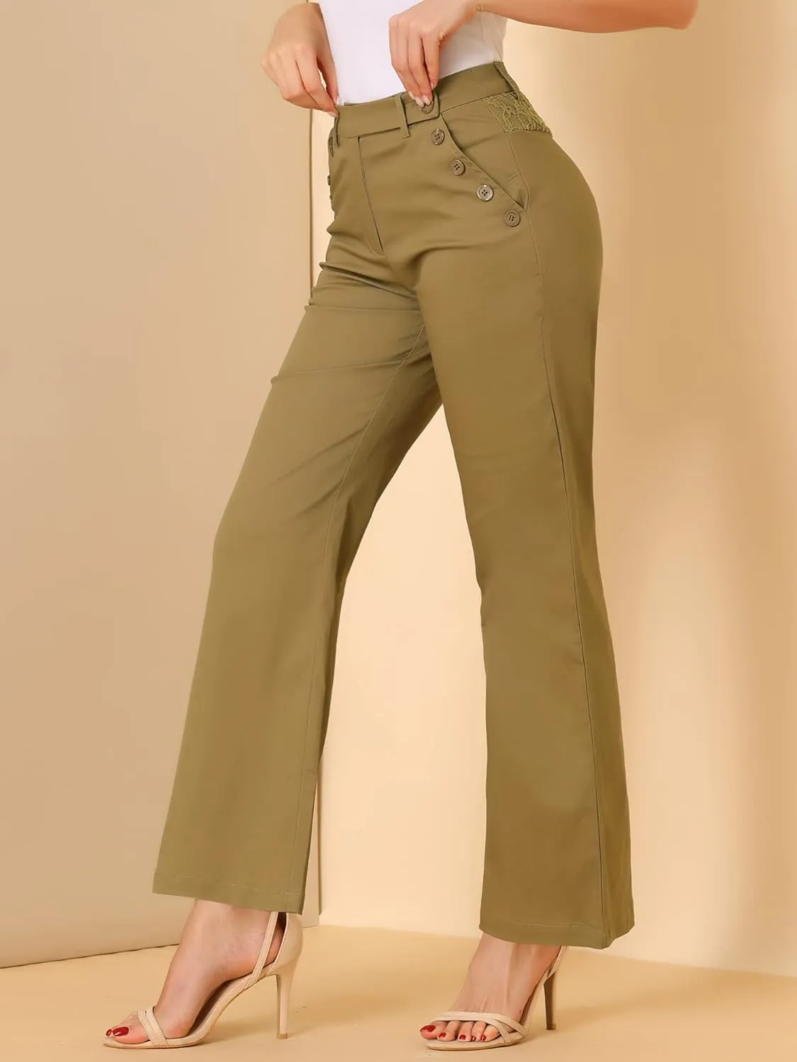 Allegra K Women's Bell Bottom 70s Long Pants High Waist Elegant Work Trousers