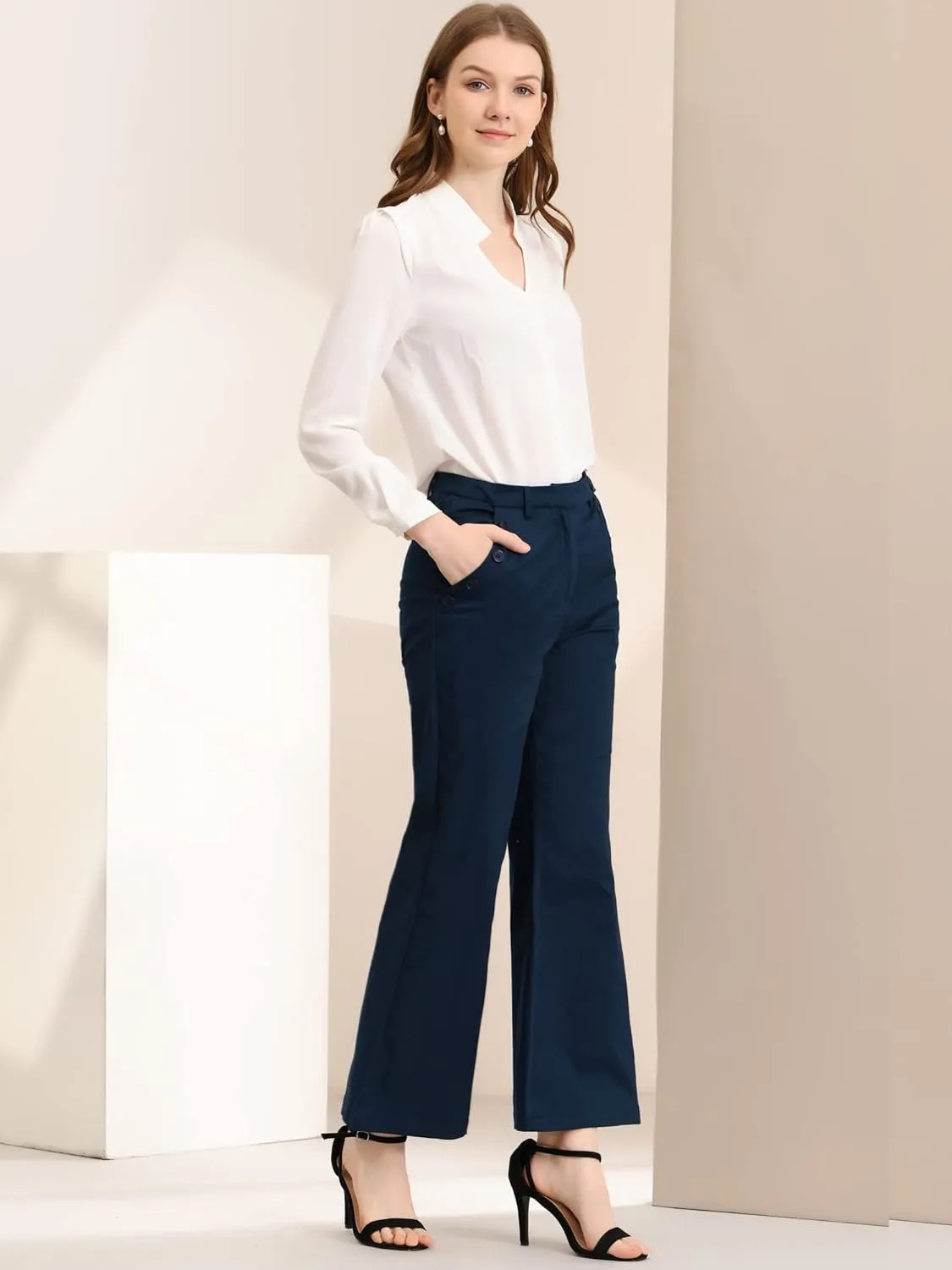 Allegra K Women's Bell Bottom 70s Long Pants High Waist Elegant Work Trousers