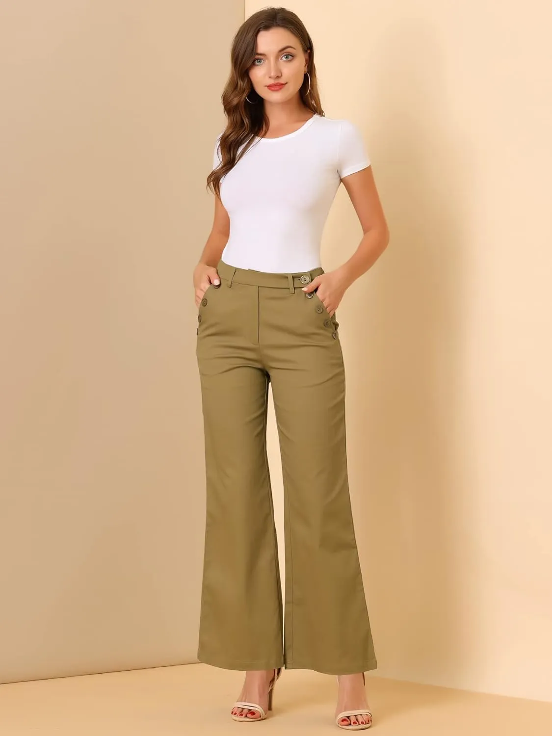 Allegra K Women's Bell Bottom 70s Long Pants High Waist Elegant Work Trousers