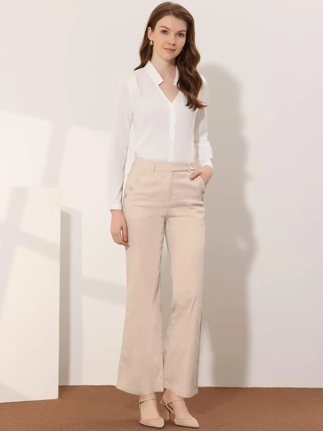 Allegra K Women's Bell Bottom 70s Long Pants High Waist Elegant Work Trousers