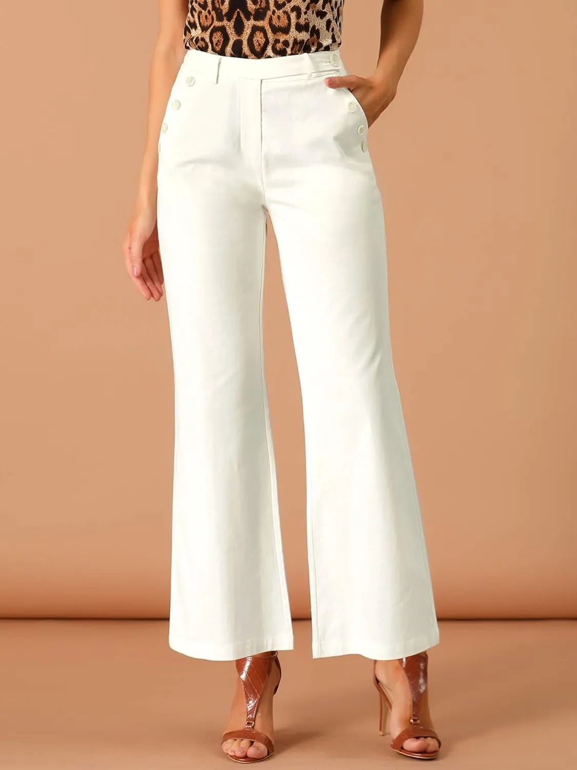 Allegra K Women's Bell Bottom 70s Long Pants High Waist Elegant Work Trousers