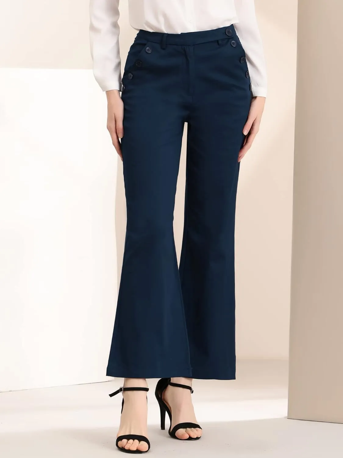 Allegra K Women's Bell Bottom 70s Long Pants High Waist Elegant Work Trousers