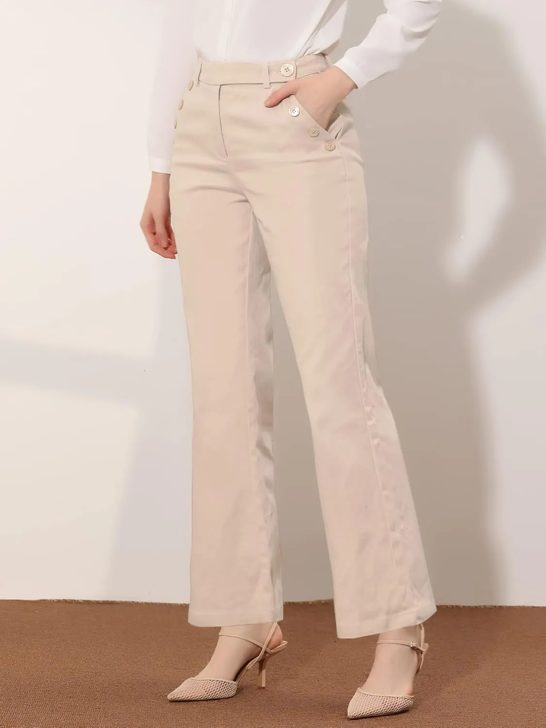 Allegra K Women's Bell Bottom 70s Long Pants High Waist Elegant Work Trousers