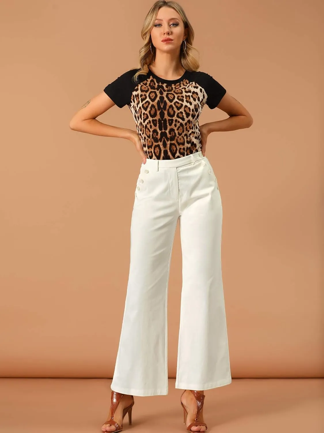 Allegra K Women's Bell Bottom 70s Long Pants High Waist Elegant Work Trousers