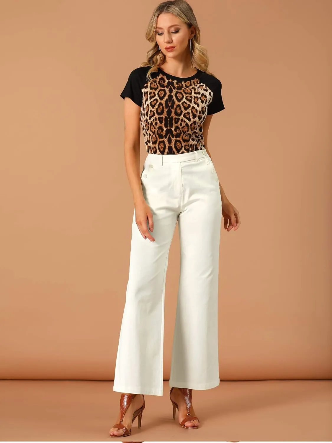 Allegra K Women's Bell Bottom 70s Long Pants High Waist Elegant Work Trousers