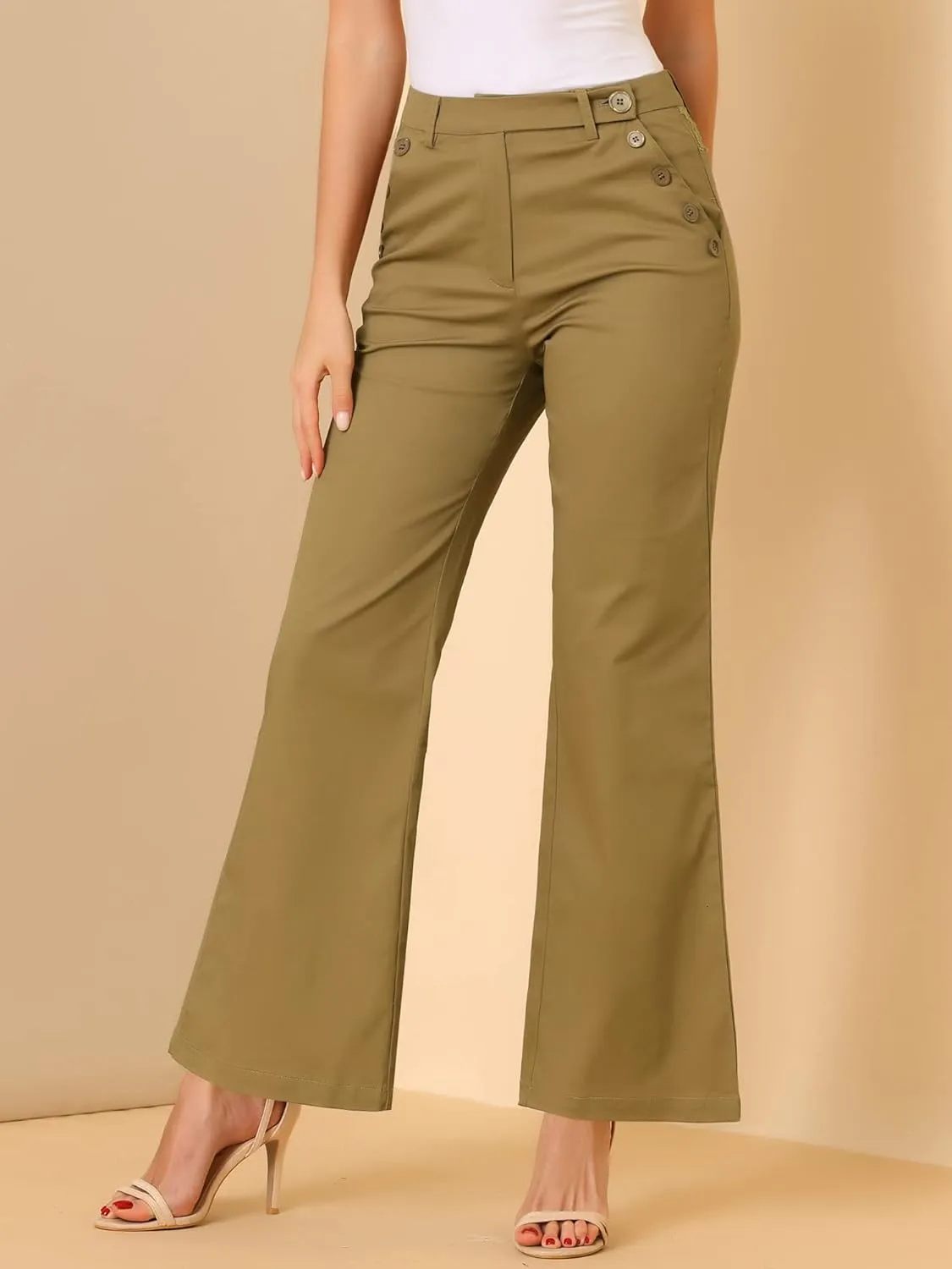 Allegra K Women's Bell Bottom 70s Long Pants High Waist Elegant Work Trousers