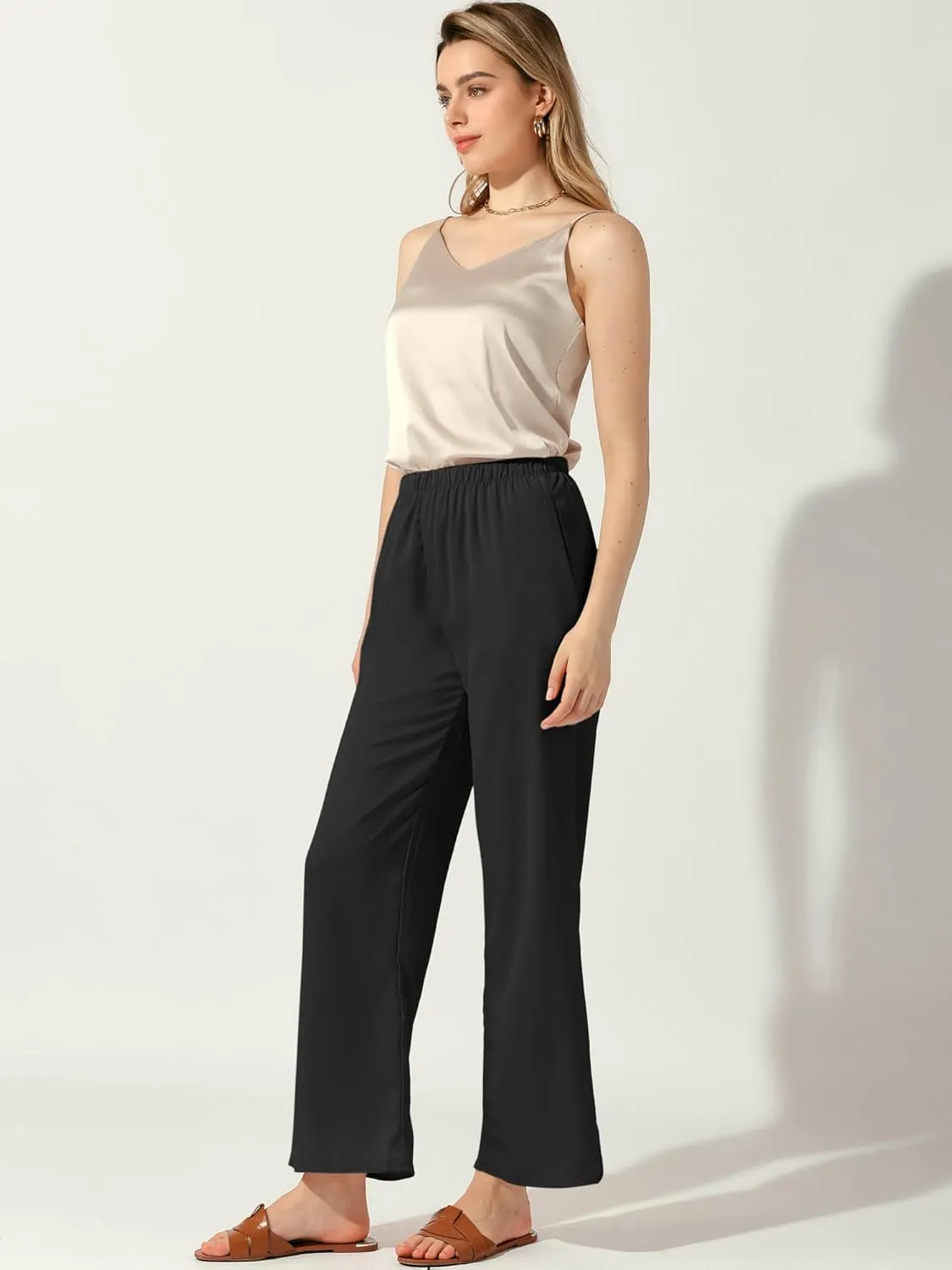 Allegra K Women's High Elastic Waist Casual Trousers Satin Wide Leg Pant