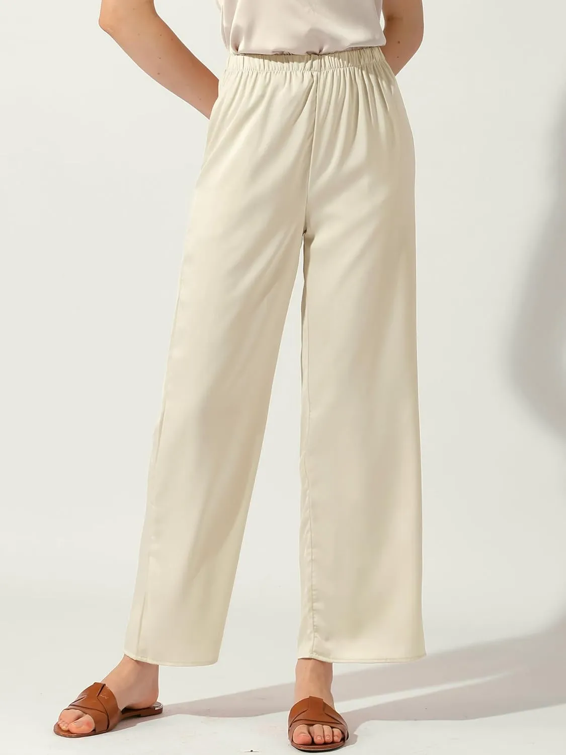 Allegra K Women's High Elastic Waist Casual Trousers Satin Wide Leg Pant