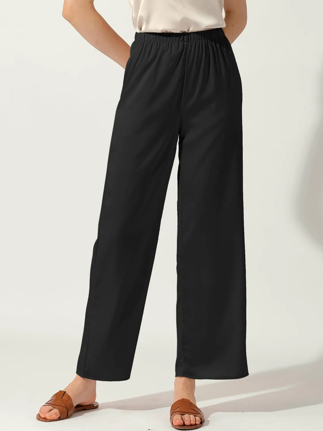 Allegra K Women's High Elastic Waist Casual Trousers Satin Wide Leg Pant