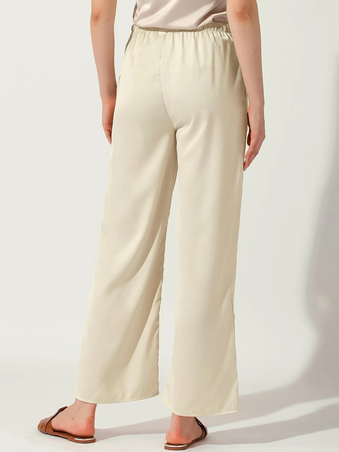 Allegra K Women's High Elastic Waist Casual Trousers Satin Wide Leg Pant