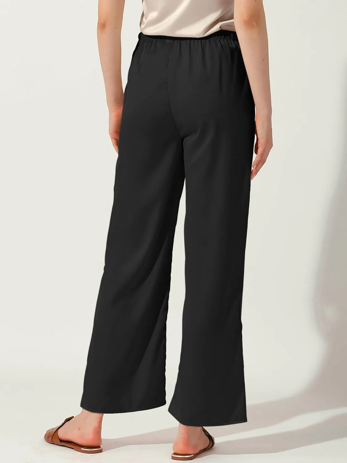 Allegra K Women's High Elastic Waist Casual Trousers Satin Wide Leg Pant