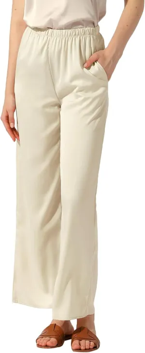 Allegra K Women's High Elastic Waist Casual Trousers Satin Wide Leg Pant