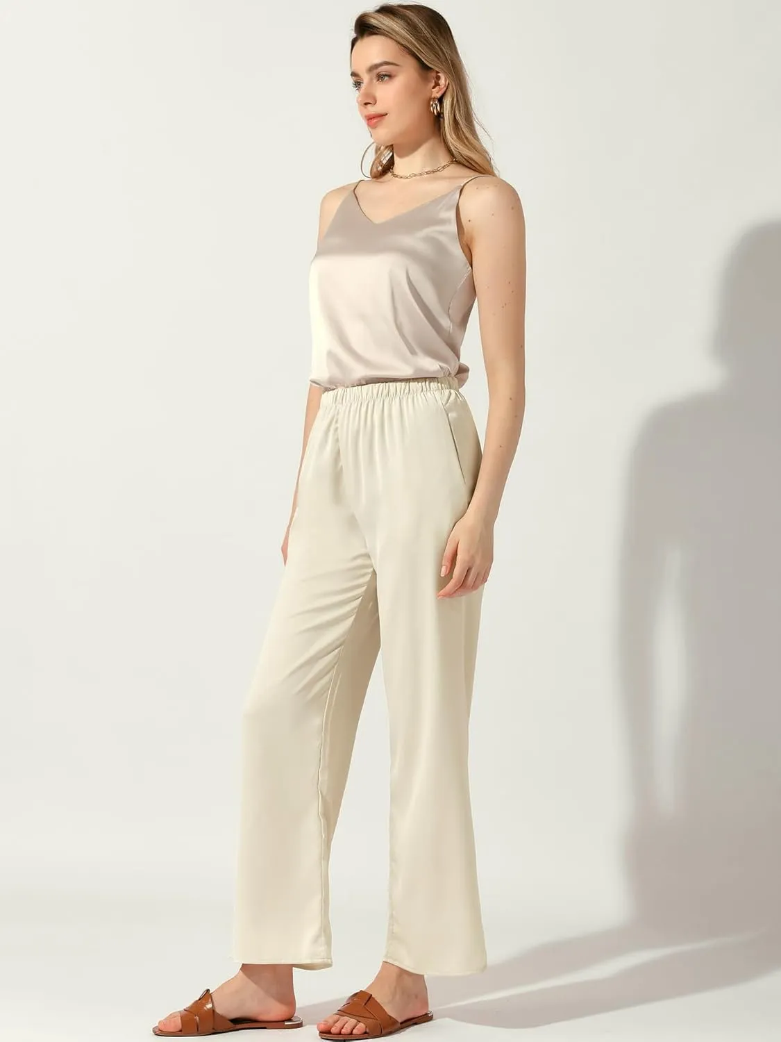 Allegra K Women's High Elastic Waist Casual Trousers Satin Wide Leg Pant