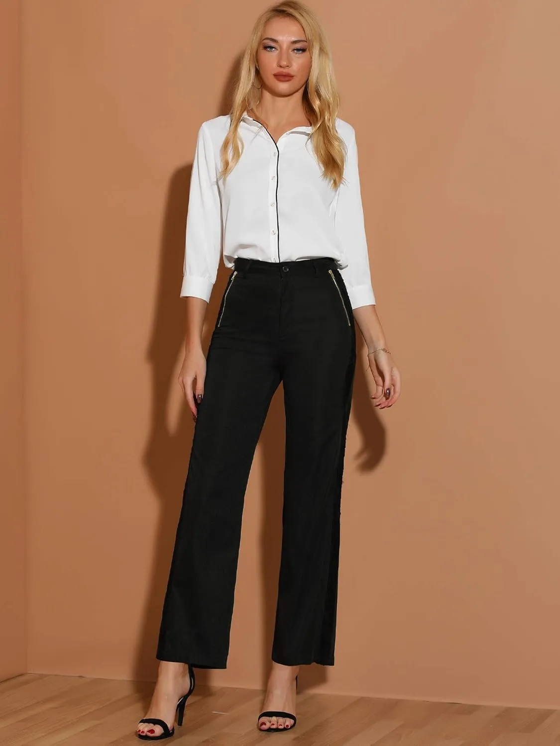 Allegra K Women's Wide Straight Leg Long Pants High Waist Work Trousers