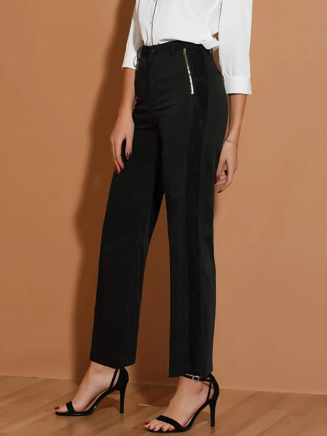 Allegra K Women's Wide Straight Leg Long Pants High Waist Work Trousers