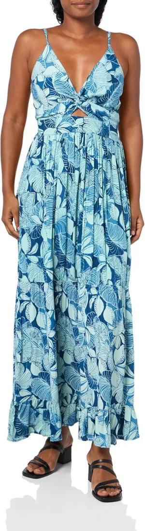 Angie womens Women's Leaf Print Peekaboo Tiered Maxi Dress