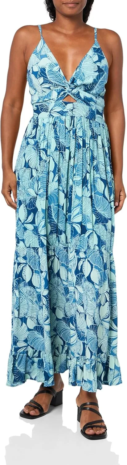 Angie womens Women's Leaf Print Peekaboo Tiered Maxi Dress