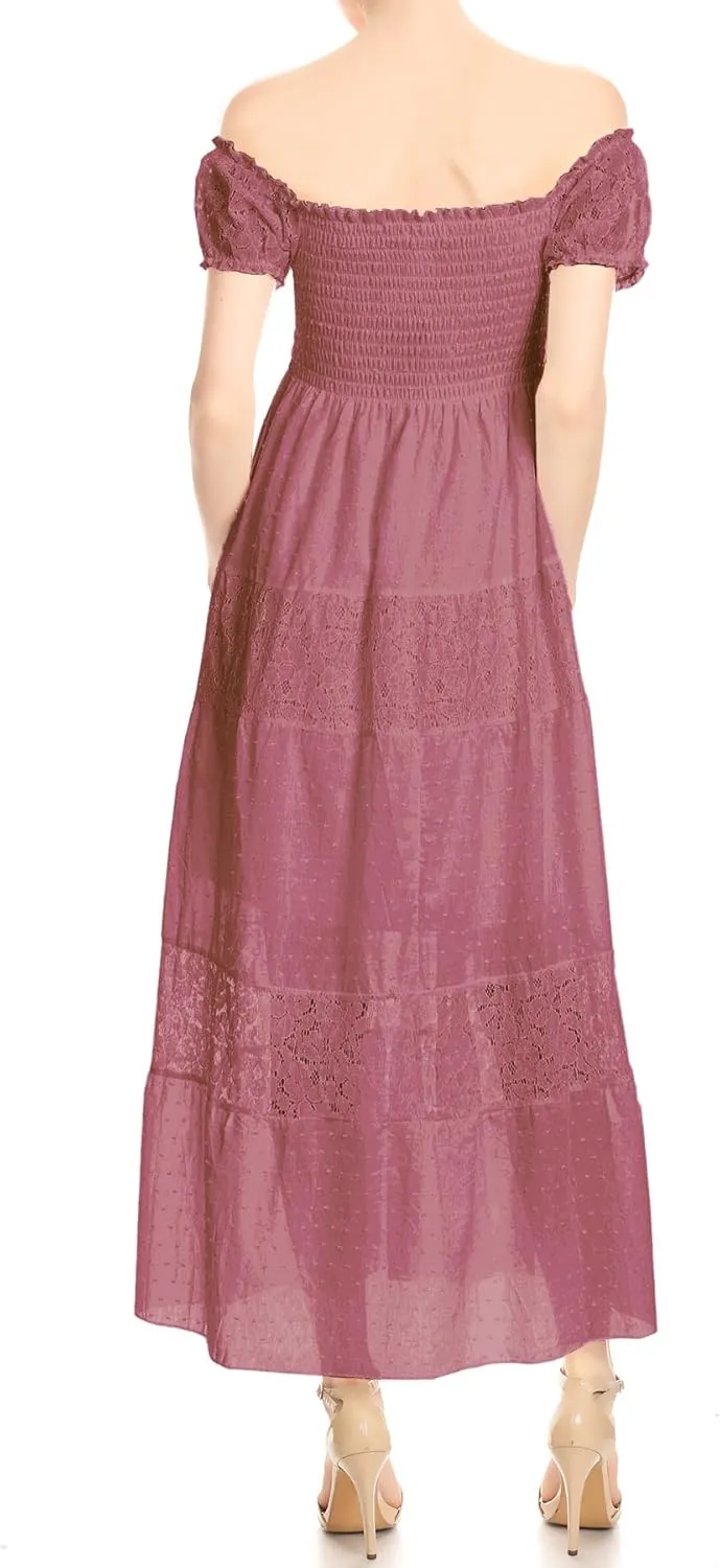 Anna-Kaci Womens Boho-Chic Off-Shoulder Lace Maxi Dress with Smocked Detailing