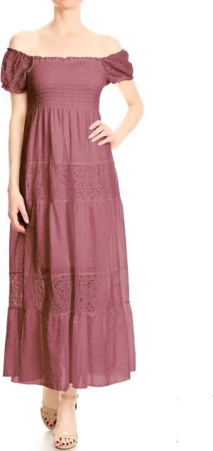 Anna-Kaci Womens Boho-Chic Off-Shoulder Lace Maxi Dress with Smocked Detailing