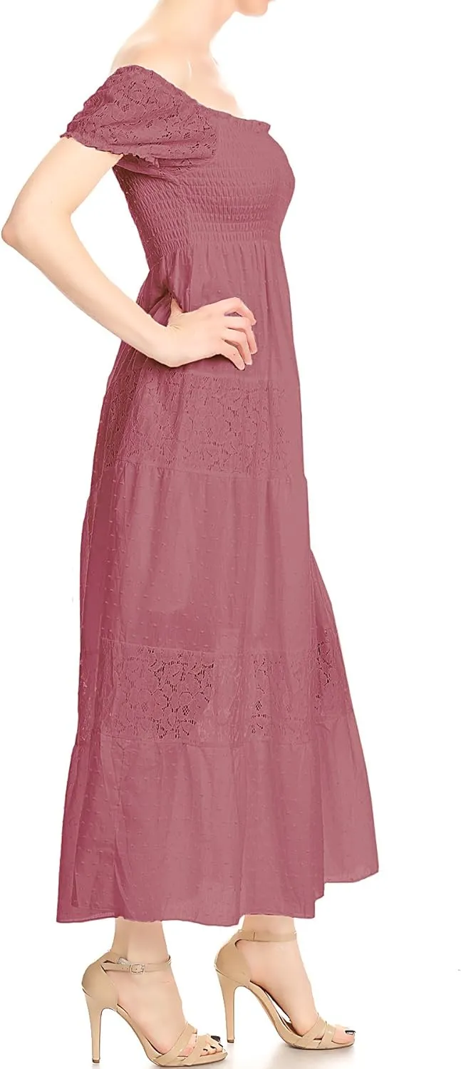 Anna-Kaci Womens Boho-Chic Off-Shoulder Lace Maxi Dress with Smocked Detailing