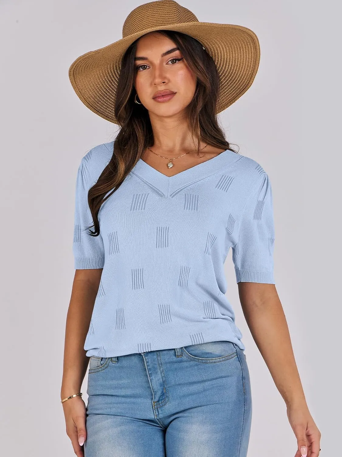 ANRABESS Summer Tops for Women Short Sleeve V Neck Sweaters Dressy Casual Blouses Lightweight Thin Knit Fashion Shirts