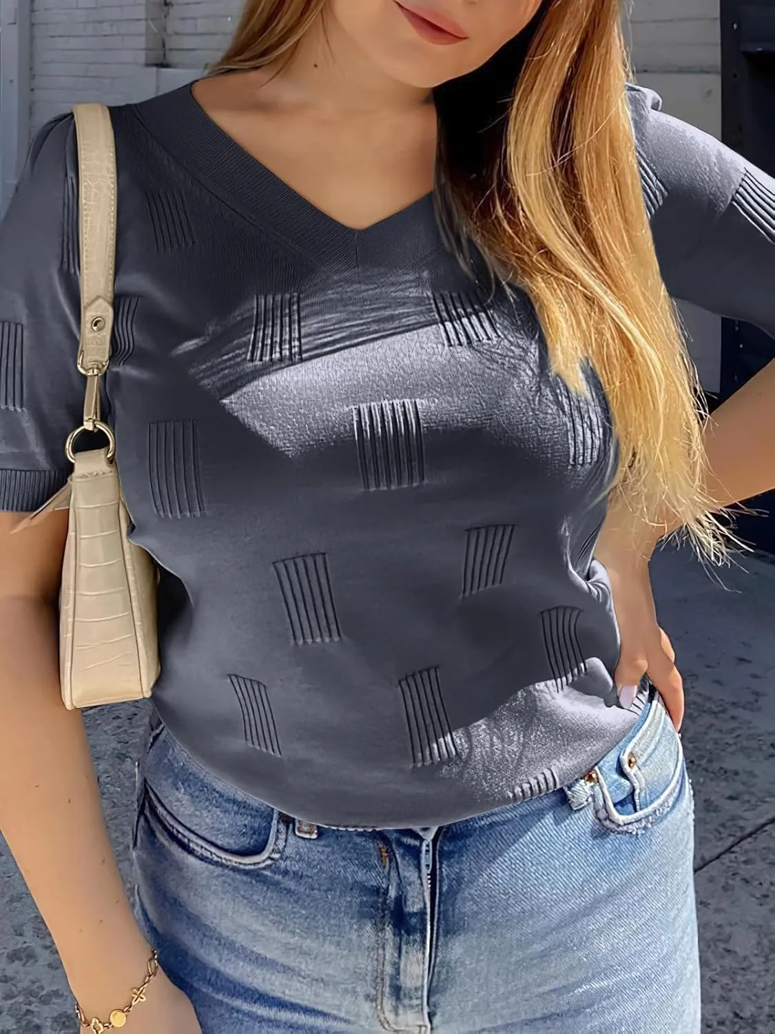 ANRABESS Summer Tops for Women Short Sleeve V Neck Sweaters Dressy Casual Blouses Lightweight Thin Knit Fashion Shirts