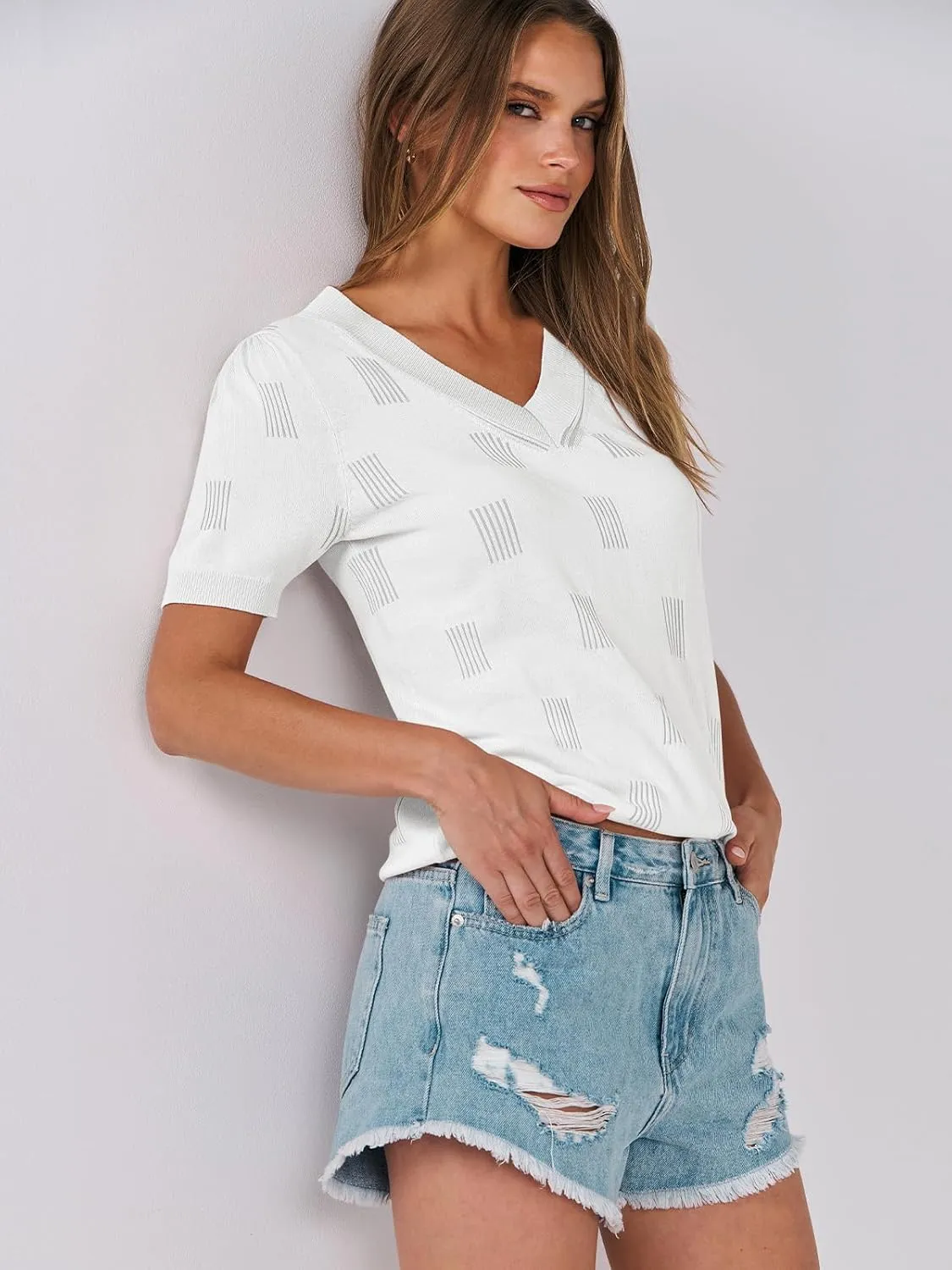 ANRABESS Summer Tops for Women Short Sleeve V Neck Sweaters Dressy Casual Blouses Lightweight Thin Knit Fashion Shirts