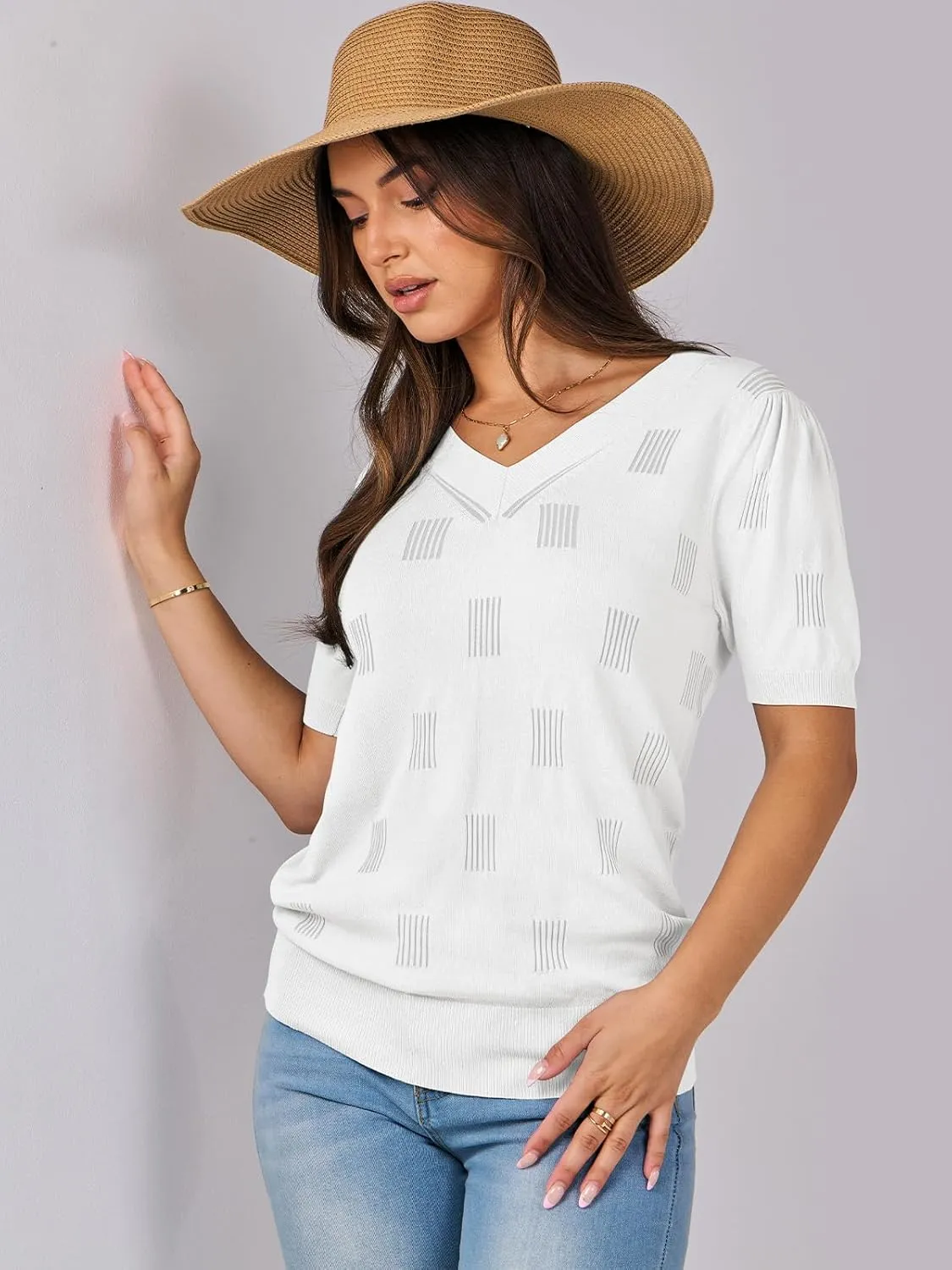 ANRABESS Summer Tops for Women Short Sleeve V Neck Sweaters Dressy Casual Blouses Lightweight Thin Knit Fashion Shirts