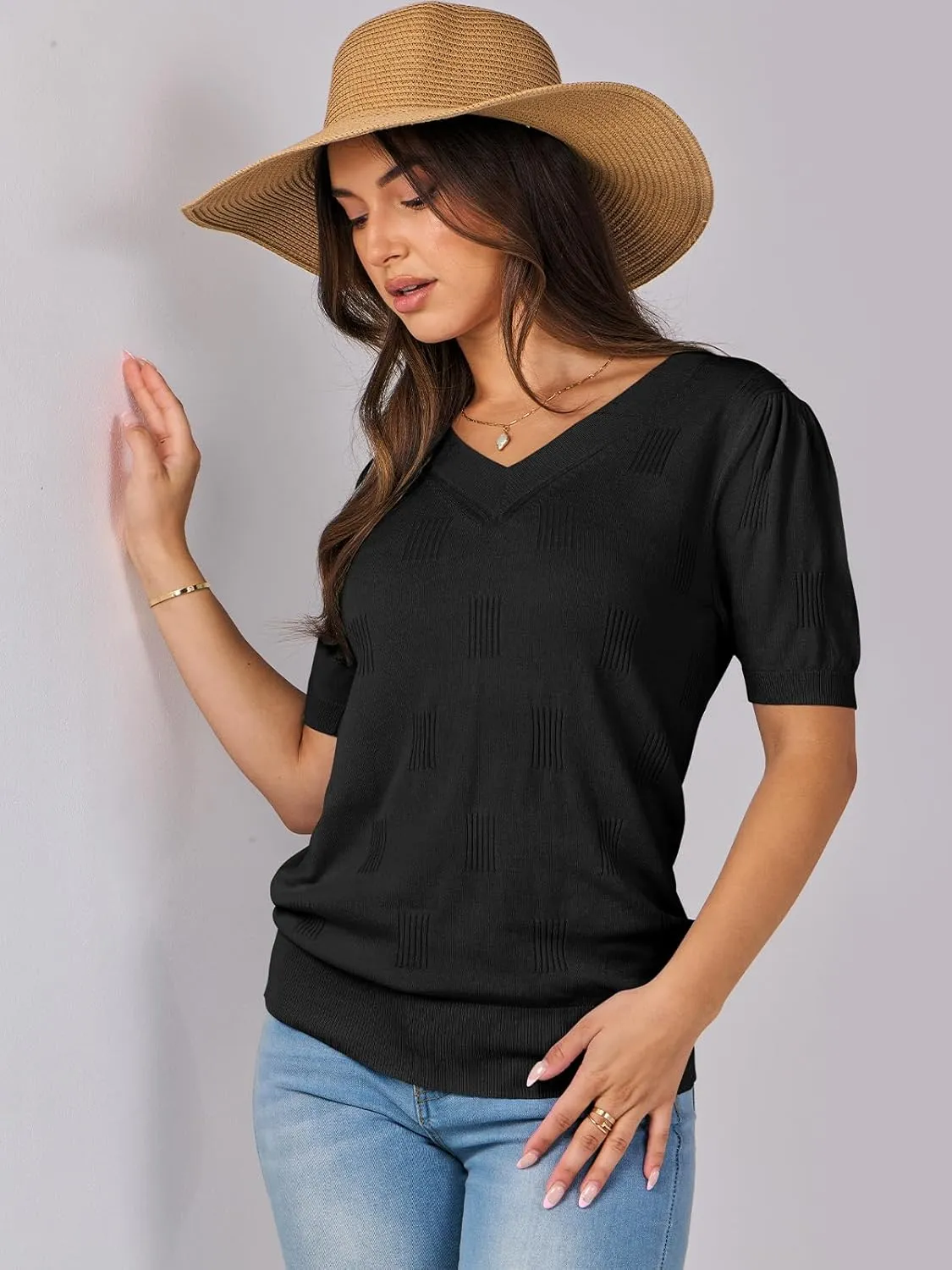 ANRABESS Summer Tops for Women Short Sleeve V Neck Sweaters Dressy Casual Blouses Lightweight Thin Knit Fashion Shirts