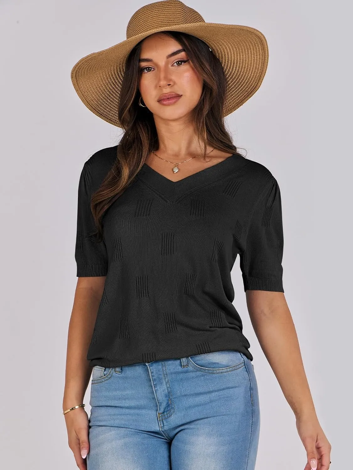 ANRABESS Summer Tops for Women Short Sleeve V Neck Sweaters Dressy Casual Blouses Lightweight Thin Knit Fashion Shirts