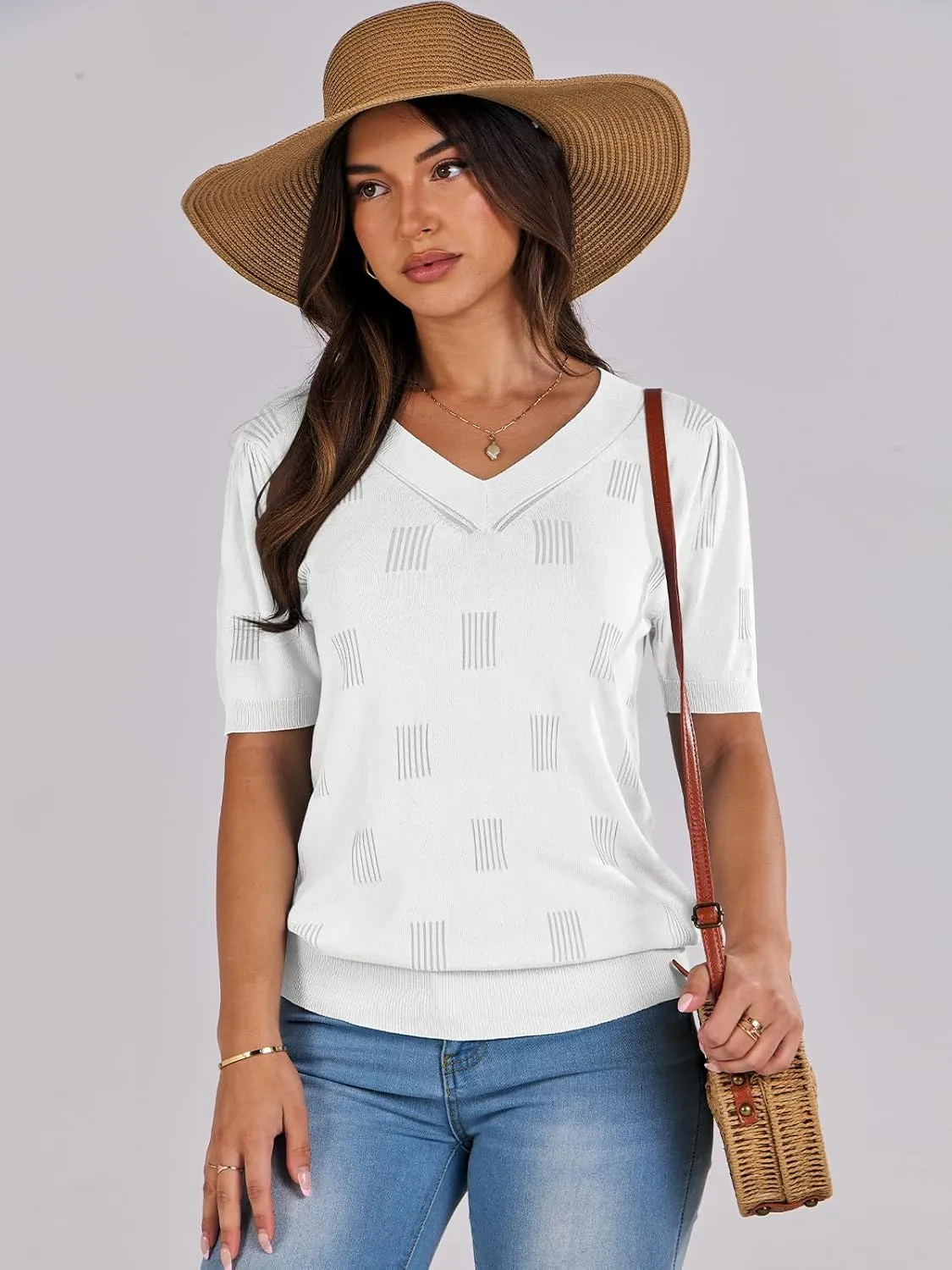 ANRABESS Summer Tops for Women Short Sleeve V Neck Sweaters Dressy Casual Blouses Lightweight Thin Knit Fashion Shirts