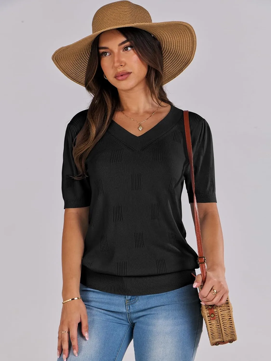 ANRABESS Summer Tops for Women Short Sleeve V Neck Sweaters Dressy Casual Blouses Lightweight Thin Knit Fashion Shirts
