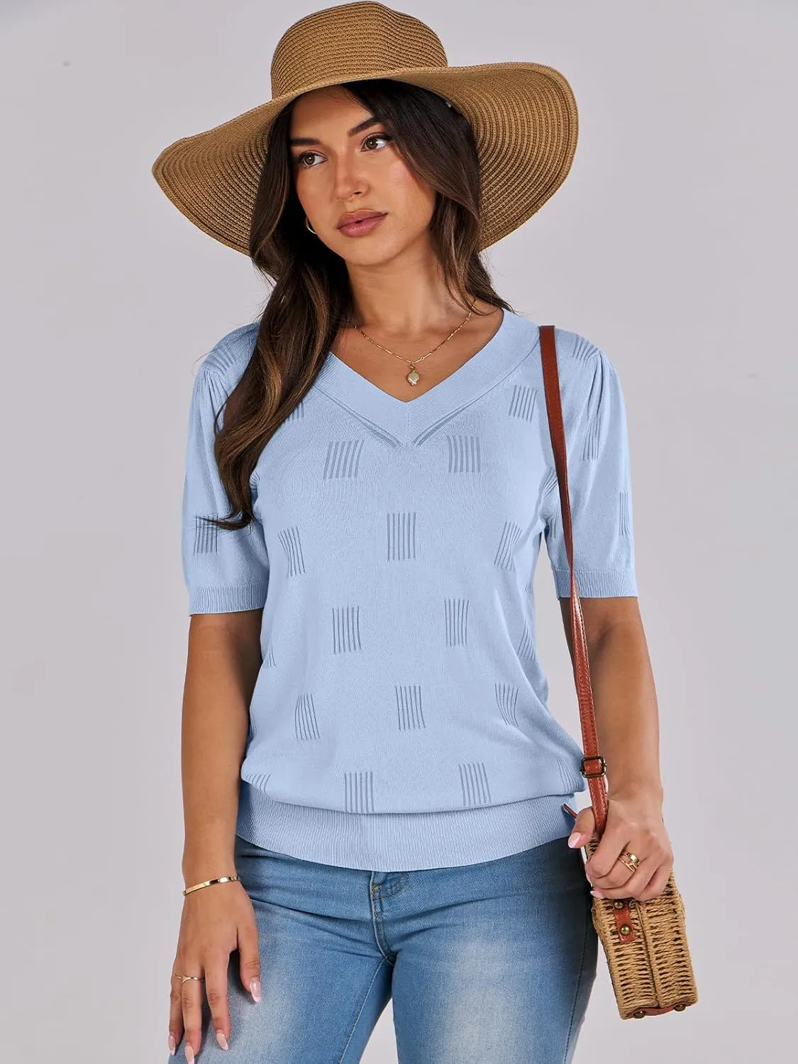 ANRABESS Summer Tops for Women Short Sleeve V Neck Sweaters Dressy Casual Blouses Lightweight Thin Knit Fashion Shirts
