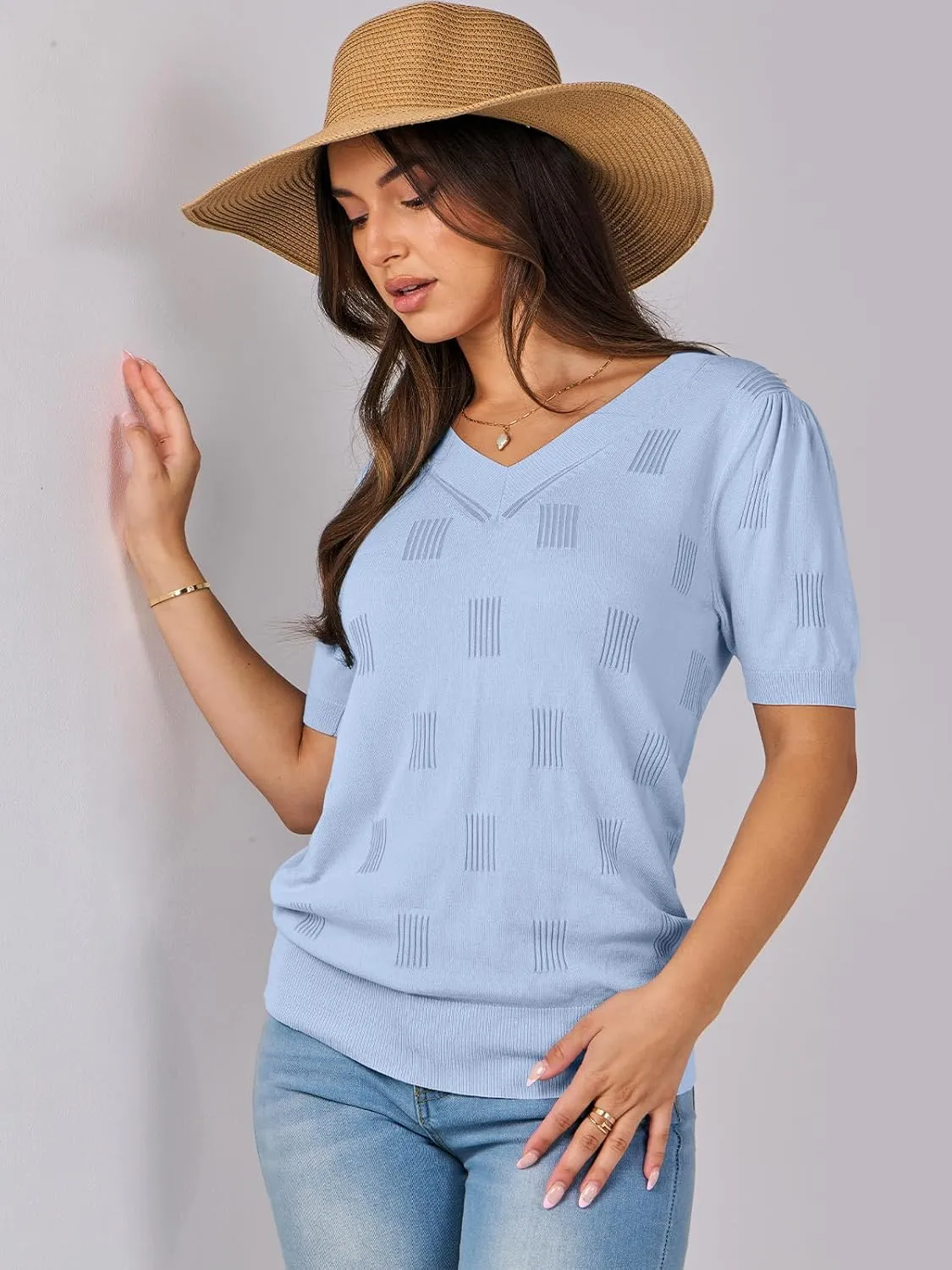 ANRABESS Summer Tops for Women Short Sleeve V Neck Sweaters Dressy Casual Blouses Lightweight Thin Knit Fashion Shirts