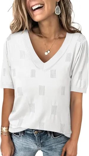 ANRABESS Summer Tops for Women Short Sleeve V Neck Sweaters Dressy Casual Blouses Lightweight Thin Knit Fashion Shirts