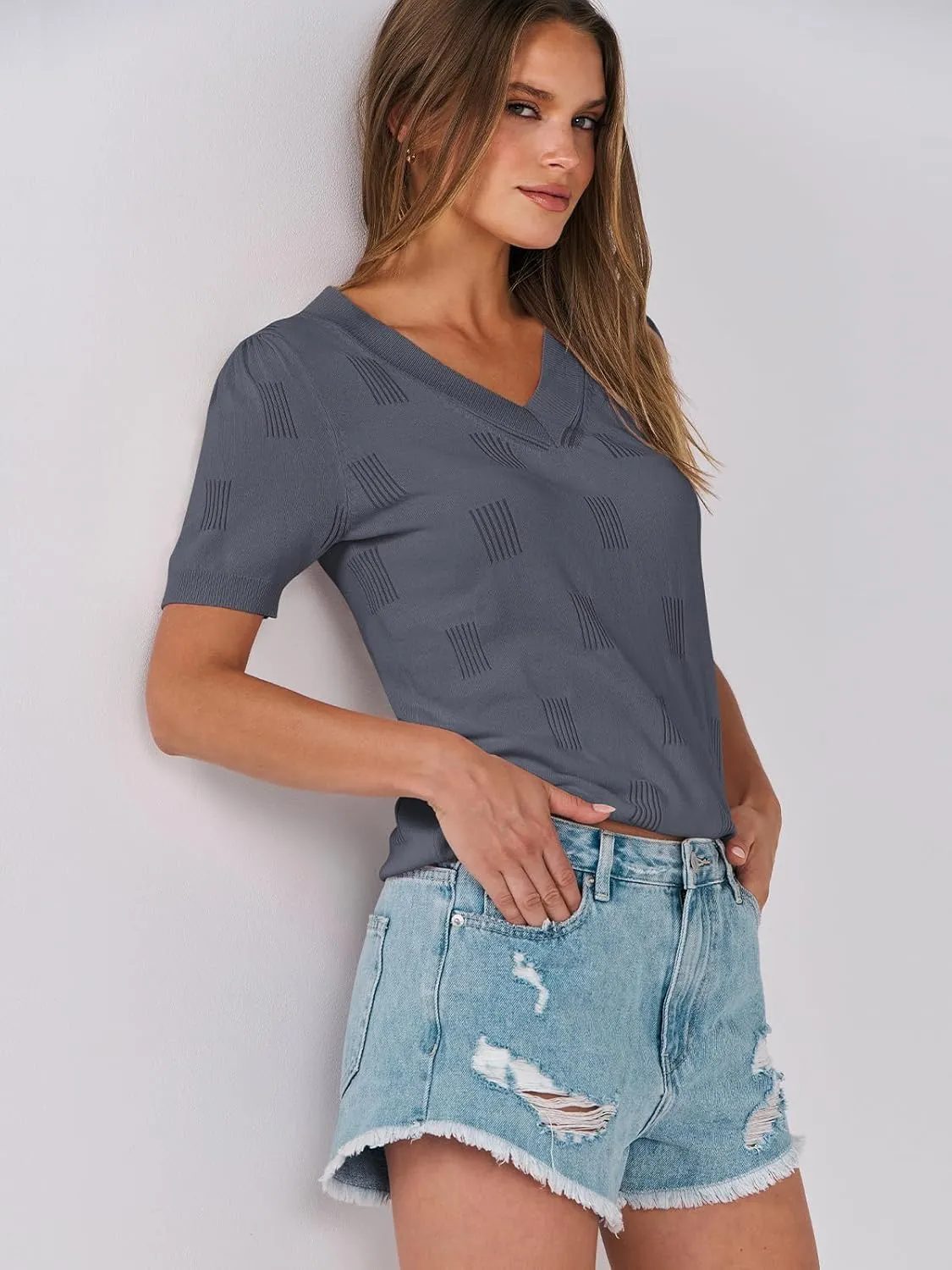 ANRABESS Summer Tops for Women Short Sleeve V Neck Sweaters Dressy Casual Blouses Lightweight Thin Knit Fashion Shirts