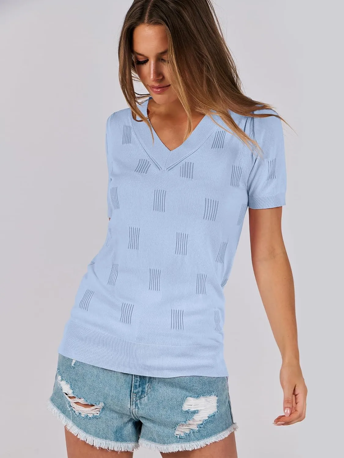 ANRABESS Summer Tops for Women Short Sleeve V Neck Sweaters Dressy Casual Blouses Lightweight Thin Knit Fashion Shirts