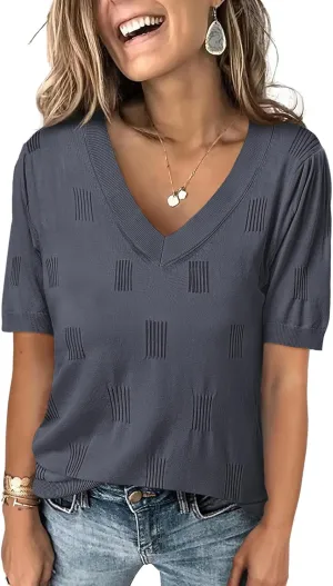 ANRABESS Summer Tops for Women Short Sleeve V Neck Sweaters Dressy Casual Blouses Lightweight Thin Knit Fashion Shirts