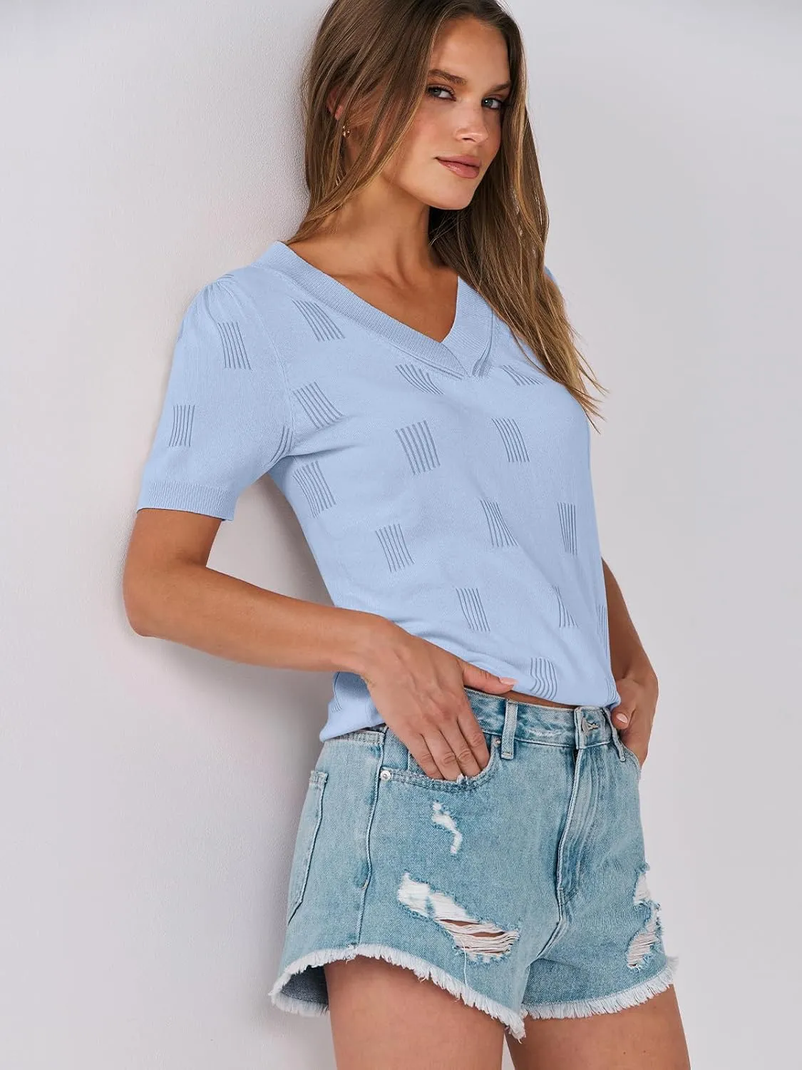 ANRABESS Summer Tops for Women Short Sleeve V Neck Sweaters Dressy Casual Blouses Lightweight Thin Knit Fashion Shirts
