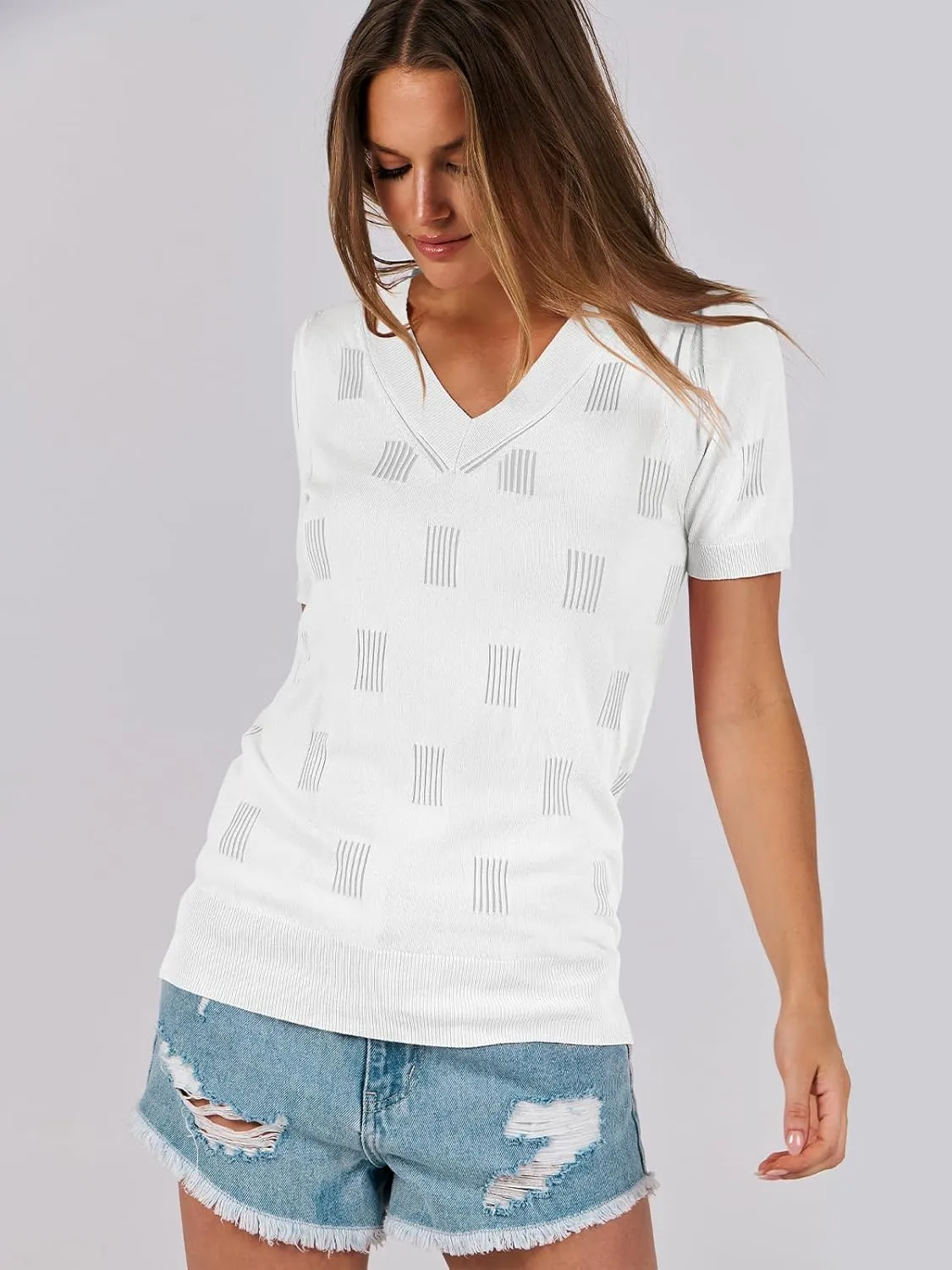 ANRABESS Summer Tops for Women Short Sleeve V Neck Sweaters Dressy Casual Blouses Lightweight Thin Knit Fashion Shirts