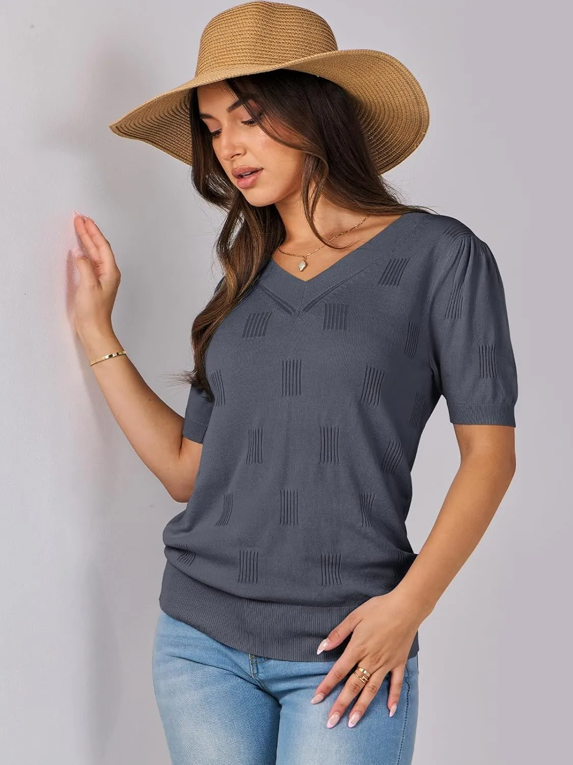 ANRABESS Summer Tops for Women Short Sleeve V Neck Sweaters Dressy Casual Blouses Lightweight Thin Knit Fashion Shirts