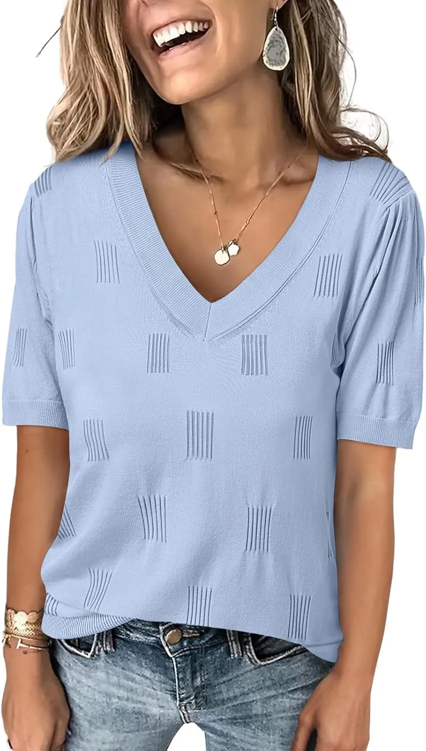 ANRABESS Summer Tops for Women Short Sleeve V Neck Sweaters Dressy Casual Blouses Lightweight Thin Knit Fashion Shirts
