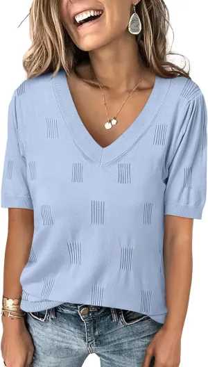 ANRABESS Summer Tops for Women Short Sleeve V Neck Sweaters Dressy Casual Blouses Lightweight Thin Knit Fashion Shirts
