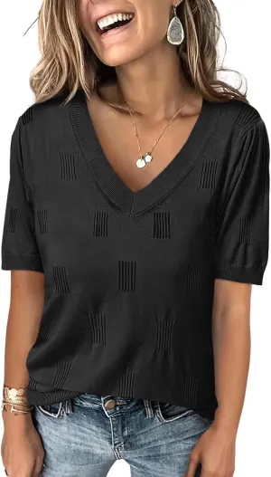 ANRABESS Summer Tops for Women Short Sleeve V Neck Sweaters Dressy Casual Blouses Lightweight Thin Knit Fashion Shirts