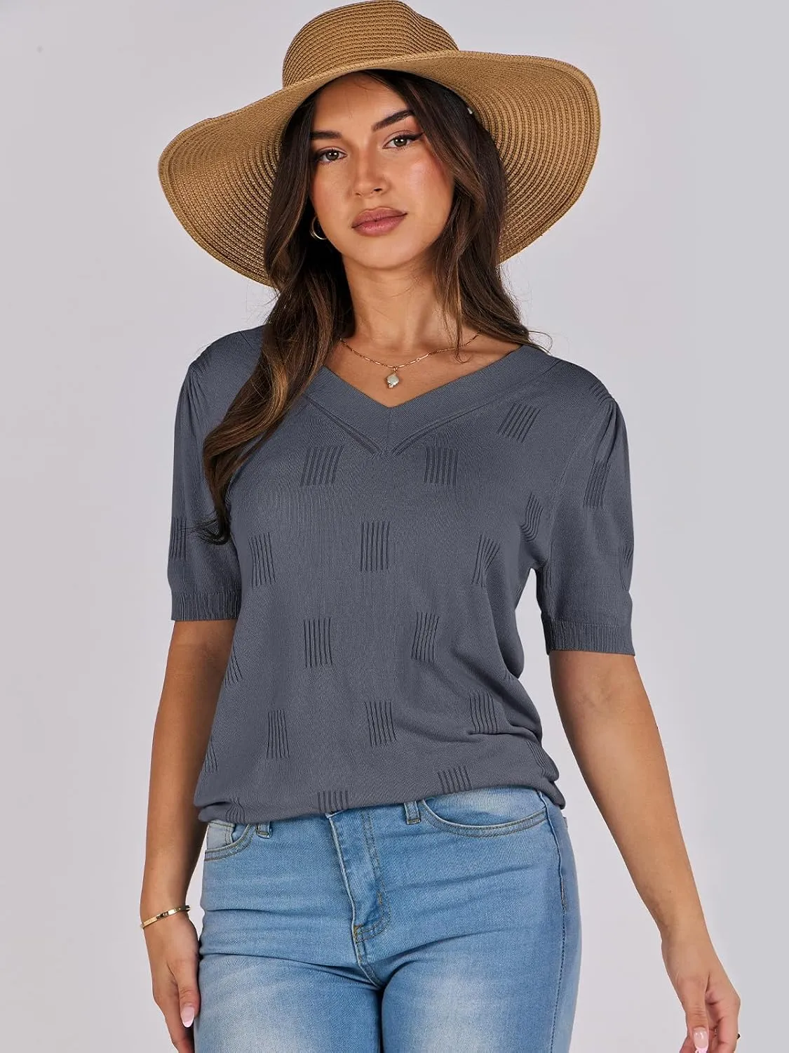 ANRABESS Summer Tops for Women Short Sleeve V Neck Sweaters Dressy Casual Blouses Lightweight Thin Knit Fashion Shirts