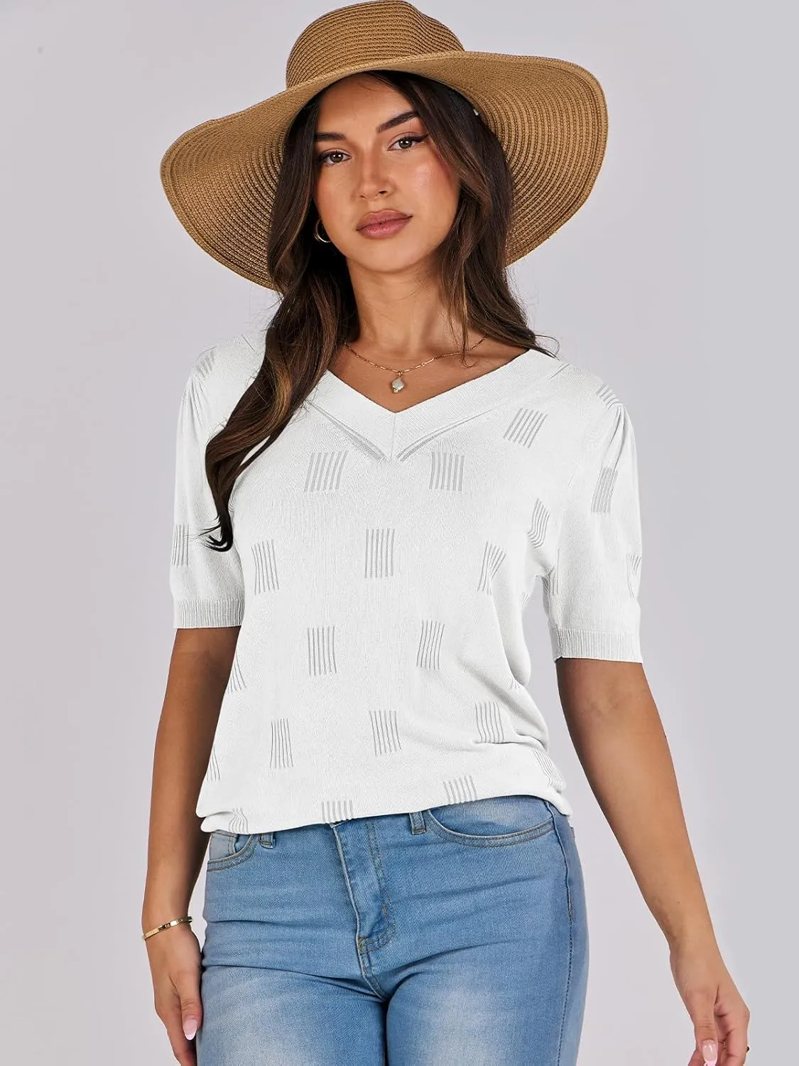 ANRABESS Summer Tops for Women Short Sleeve V Neck Sweaters Dressy Casual Blouses Lightweight Thin Knit Fashion Shirts