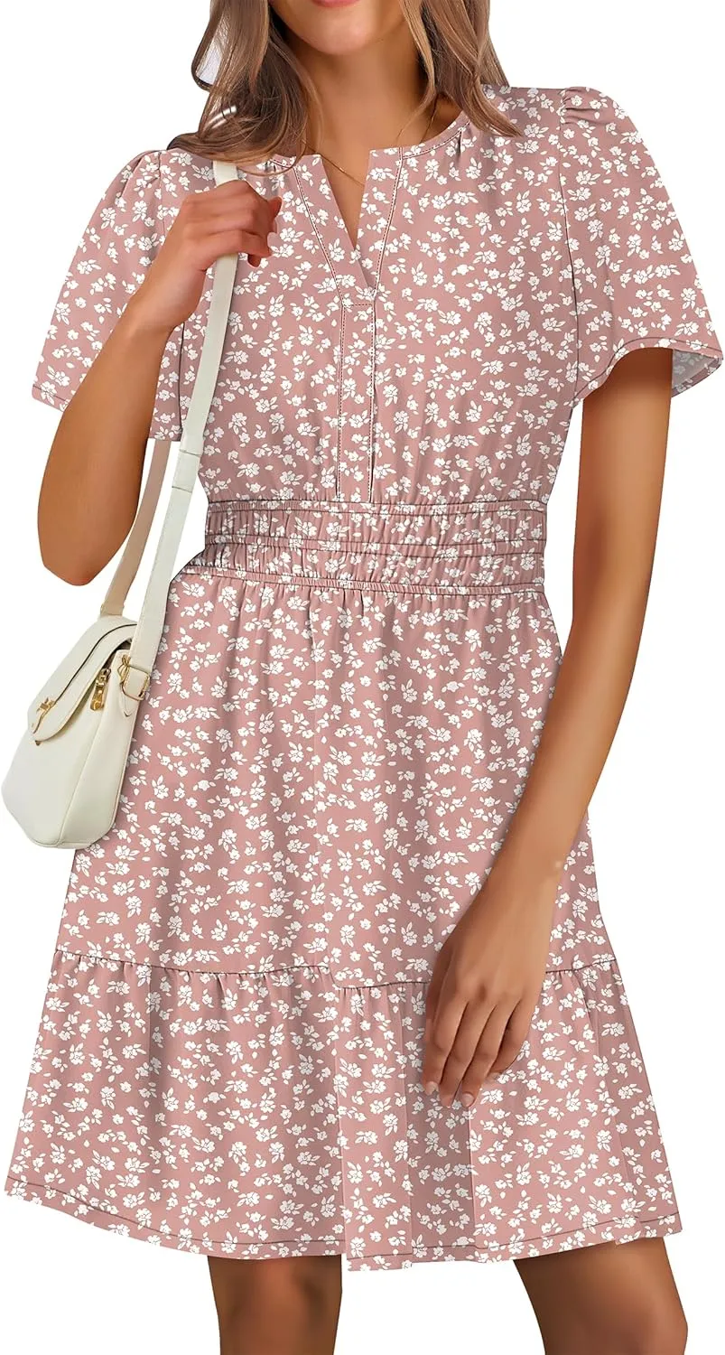 ANRABESS Womens 2025 Summer Casual Short Dress V Neck Short Sleeve Floral A-Line High Waist Boho Cute Vacation Beach Dresses