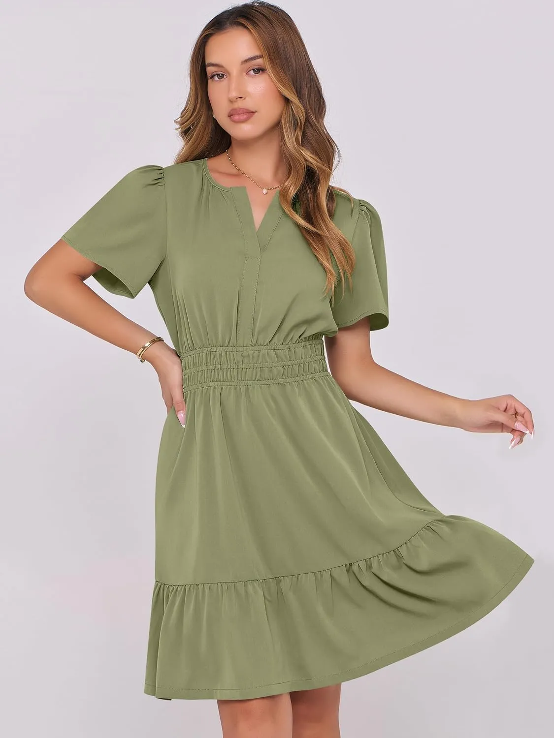 ANRABESS Womens 2025 Summer Casual Short Dress V Neck Short Sleeve Floral A-Line High Waist Boho Cute Vacation Beach Dresses